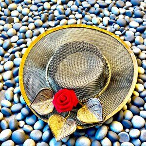 Vintage Pin Brooch Silvertone Mesh Hat With Rose Flower